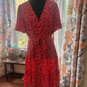 Eliza J Red and White Tiered Wrap Midi Dress